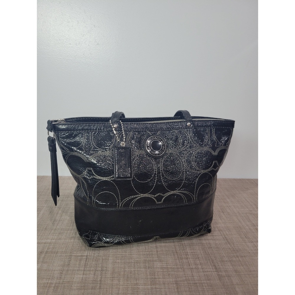 Coach Black Patent Leather Signature Sis Stitch Tote Bag F19198 Silver Hardware - Picture 2 of 9